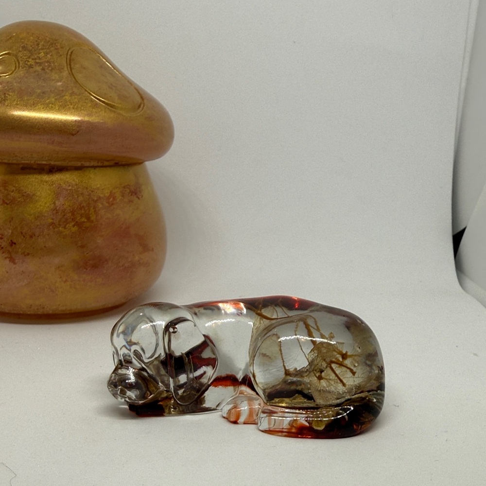 Unique Resin Dog Figurine - Clear and Brown With Flowers